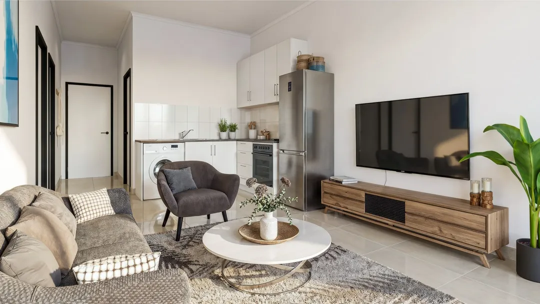 Two-bedroom apartment living room and kitchen