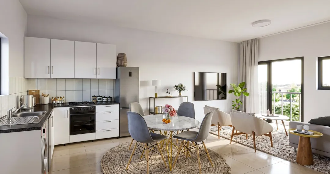 Three-bedroom apartment open-plan living and dining area
